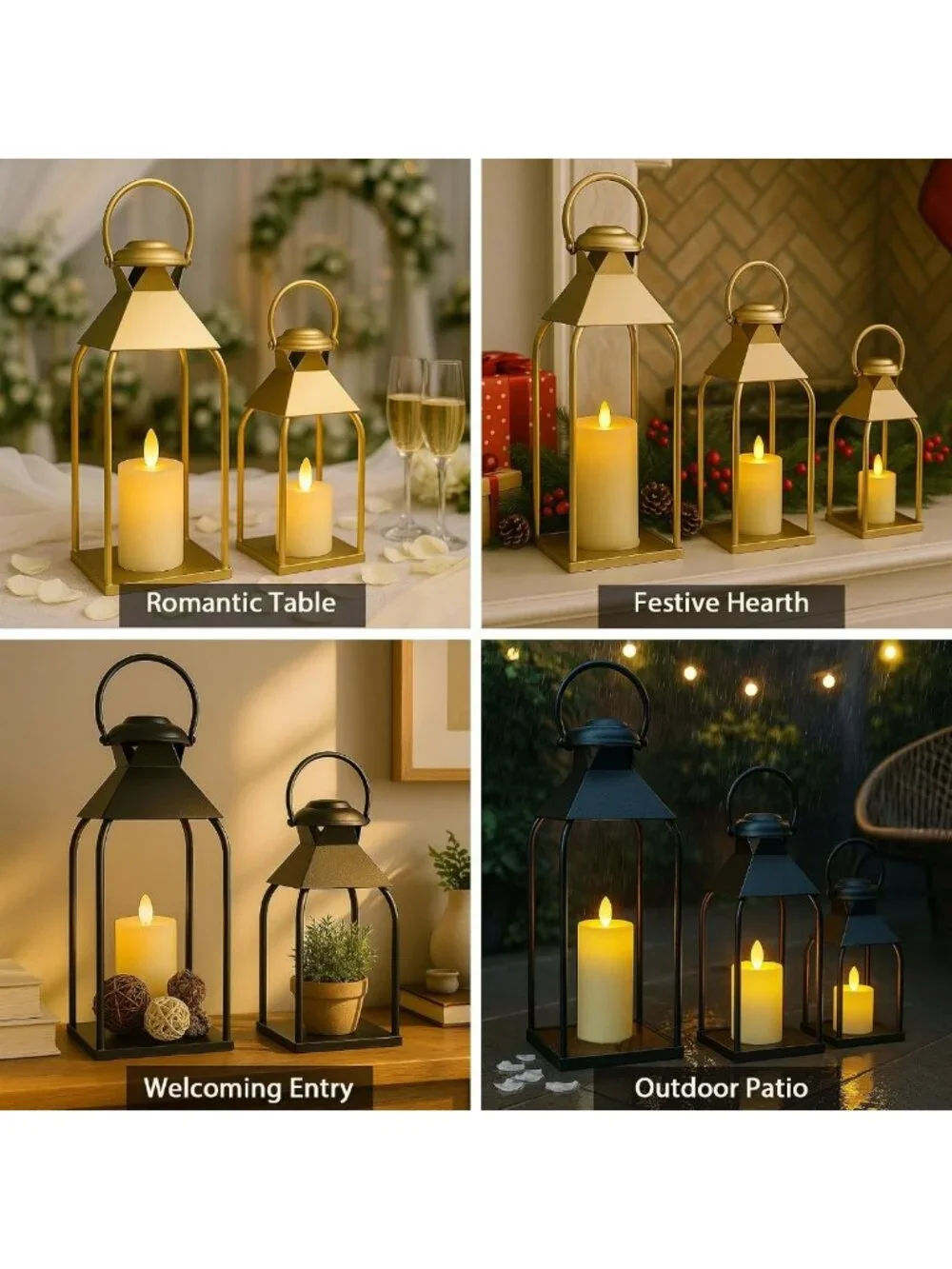 Set of 2 Decorative Metal Lanterns - Indoor/Outdoor Candle Holders for Weddings